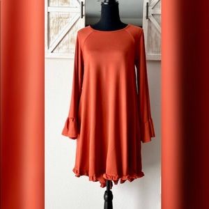 RUST Long Sleeve Dress w/ruffle detail and pockets